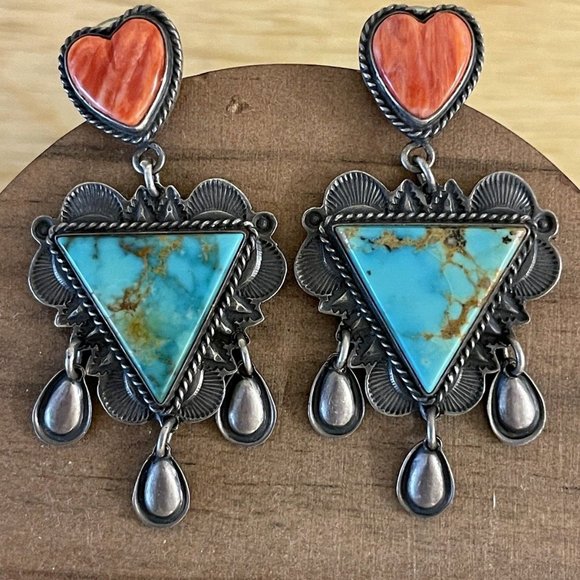 Navajo STERLING TURQUOISE SPINY OYSTER DANGLE EARRINGS Vintage stamped D. REEVES - Picture 8 of 9